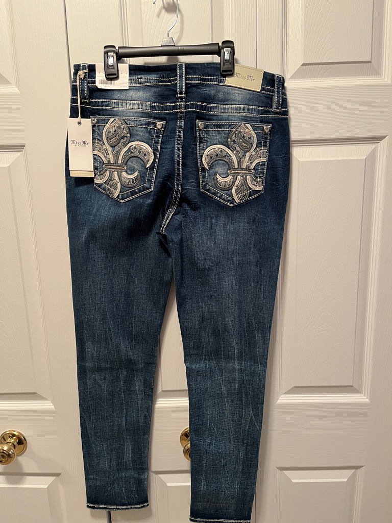 Miss Me Dark Blue Skinny Jeans With Silver Fleur-De-Lis Embroidery